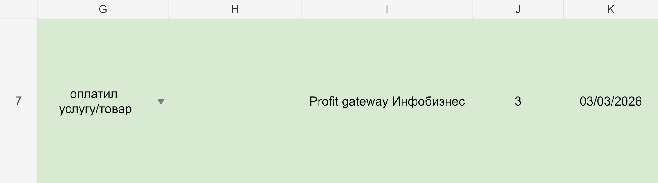 Реальная строка проектной таблицы Profit-Gateway со статусом оплаченной продажи