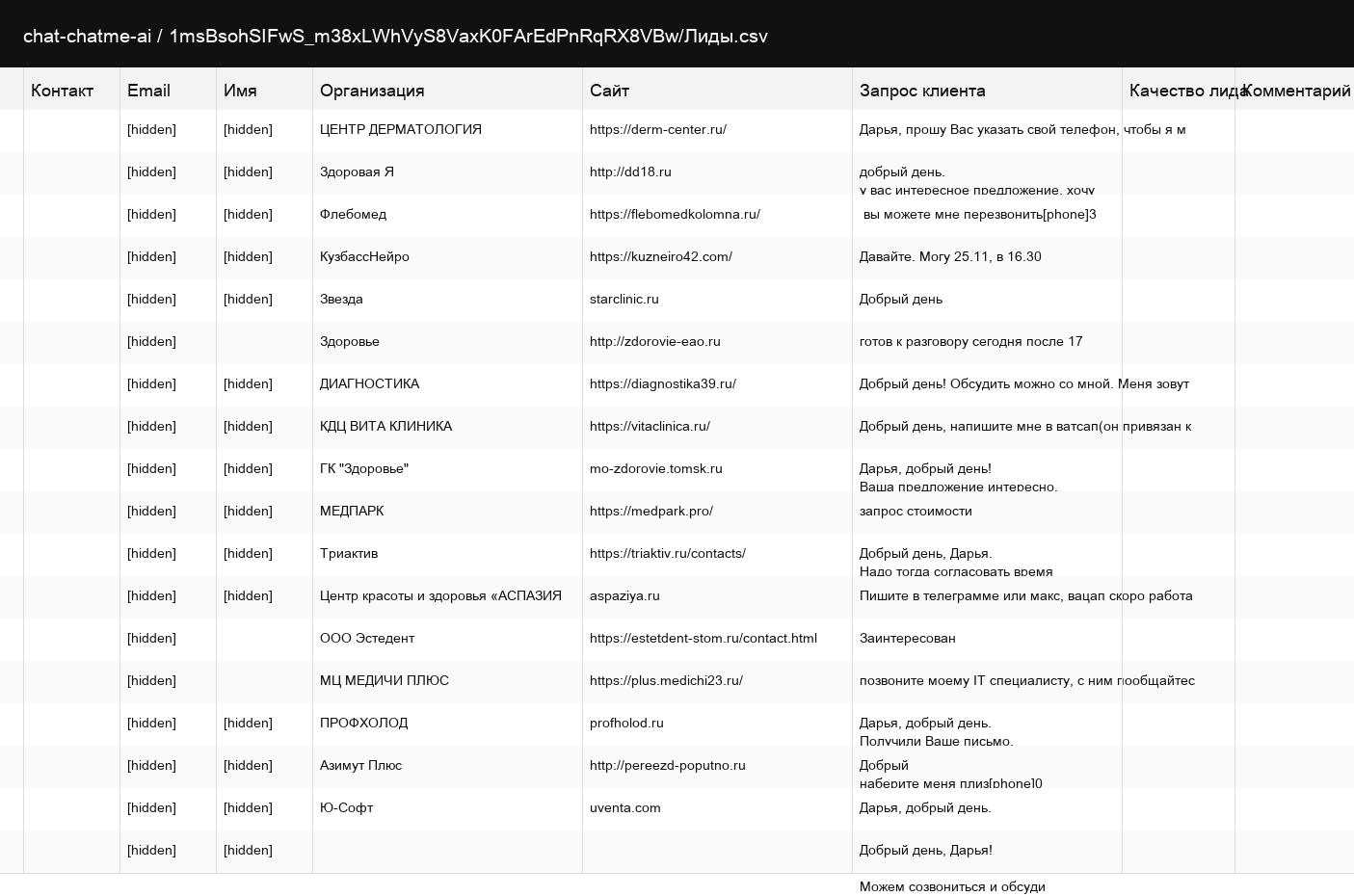 Реестр переданных лидов с контекстом ответа и статусом обработки.