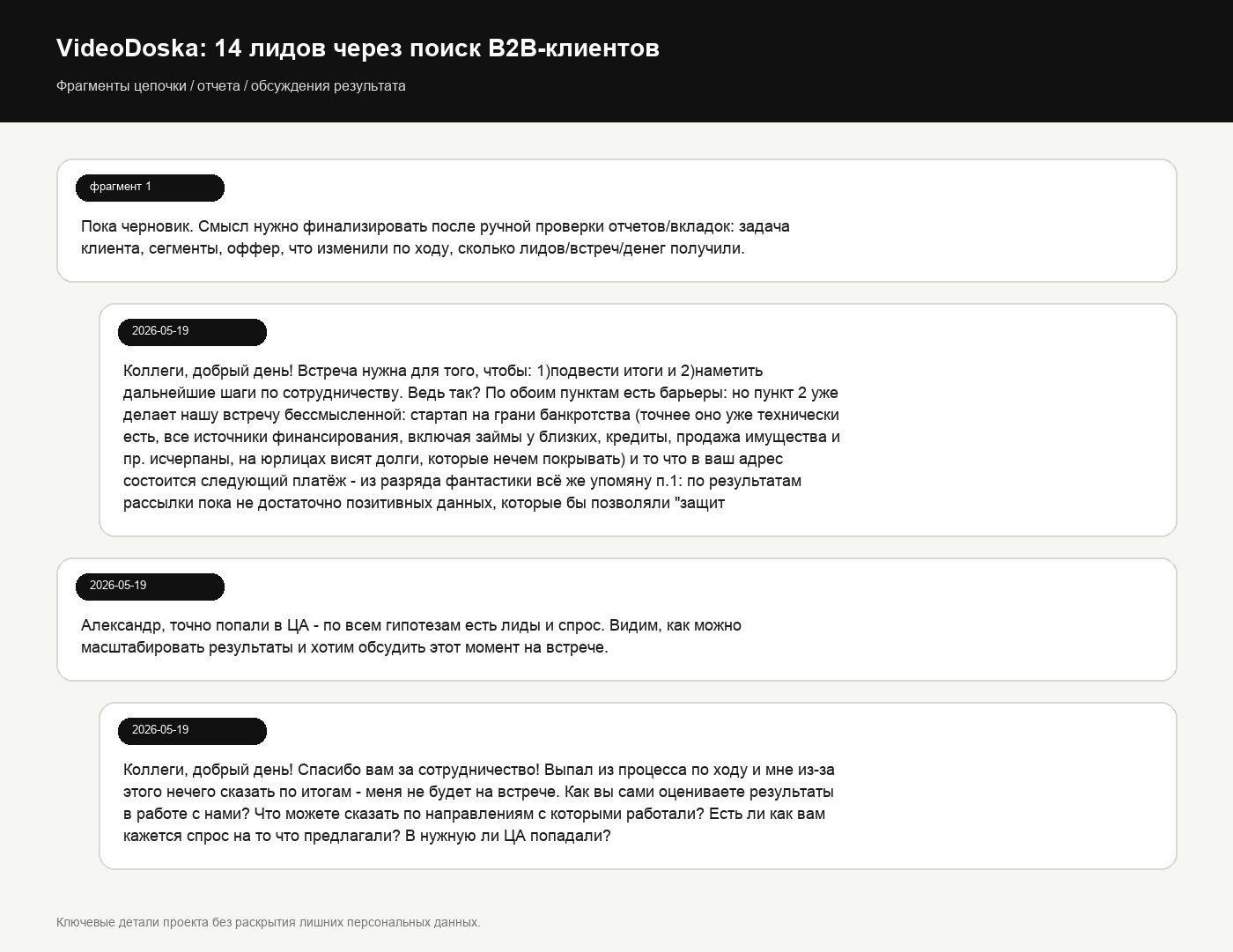 Фрагменты рабочего чата: согласование итоговой встречи, обратная связь клиента о попадании в целевую аудиторию и обсуждение спроса по гипотезам.