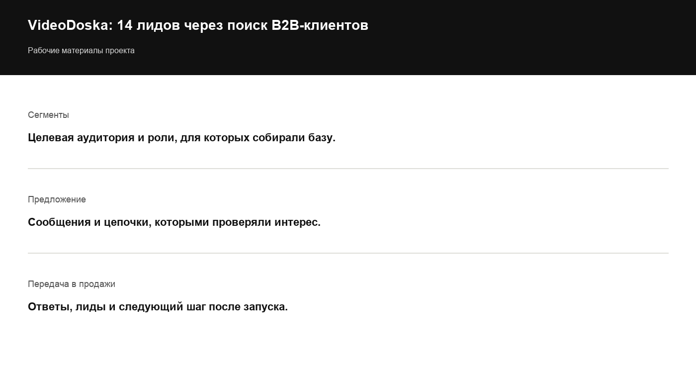 Сводка по рабочим материалам: сегменты, оффер и передача ответов в продажу. Визуал собран из подтвержденных сообщений чата без раскрытия контактов.